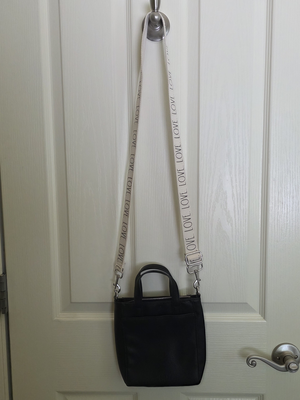 Rae Dunn Black Mini Crossbody Tote with Cream 'LOVE' Strap